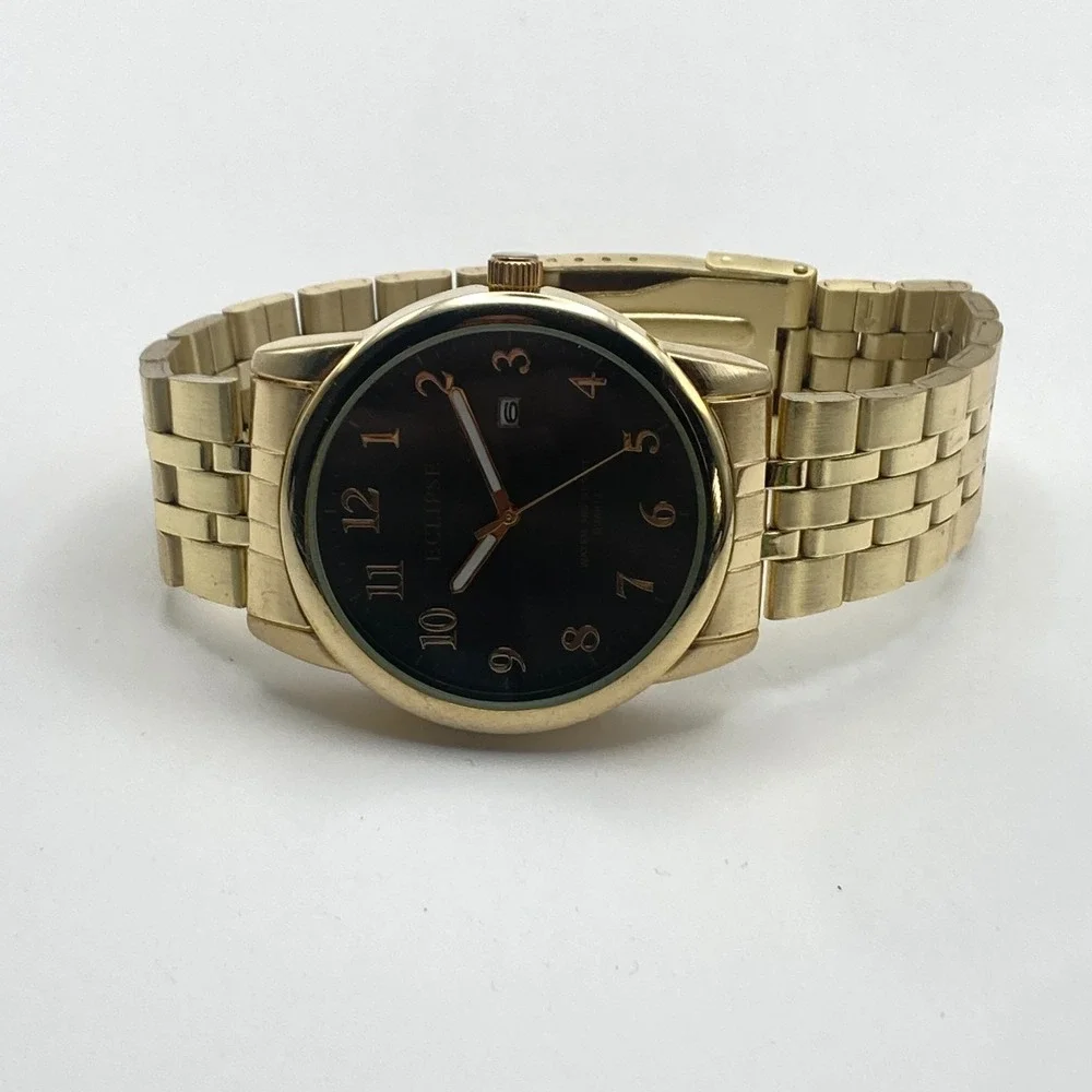Eclipse Mens Watch 41mm Gold Tone Date Grey Dial 50M WR Classic New Battery 8